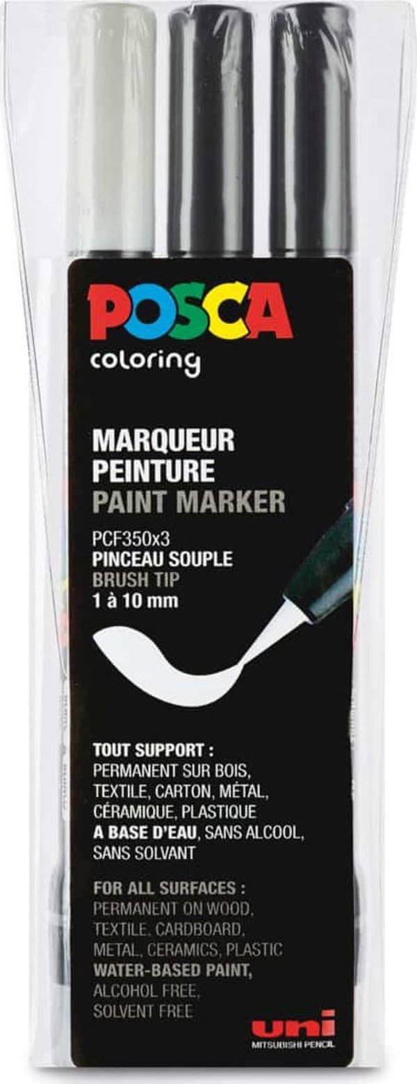 Σετ μαρκαδόρων πινέλου Posca PCF-350, τρία χρώματα, μαύρο και λευκό