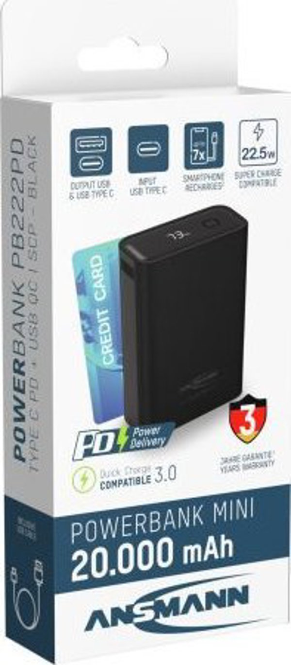 Φορητός φορτιστής Ansmann Ansmann Powerbank PRO 20.000 mAh USB-A+C Port 22,5W μπλ. 1700-0155
