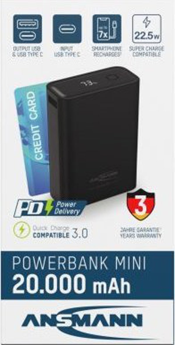 Φορητός φορτιστής Ansmann Ansmann Powerbank PRO 20.000 mAh USB-A+C Port 22,5W μπλ. 1700-0155