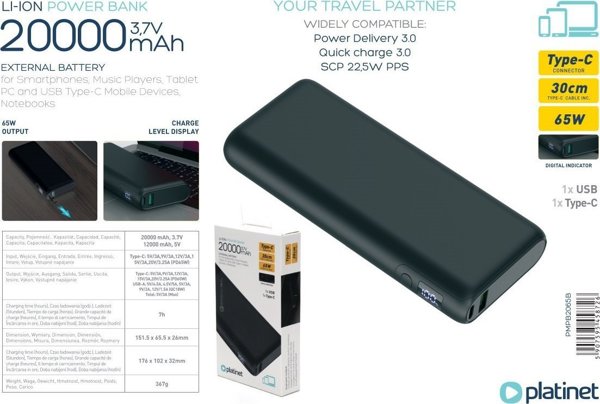 Φορητός φορτιστής Platinet PLATINET POWER BANK 20 000 MAH PD65W QUICK CHARGE ΜΑΥΡΟ [45871]