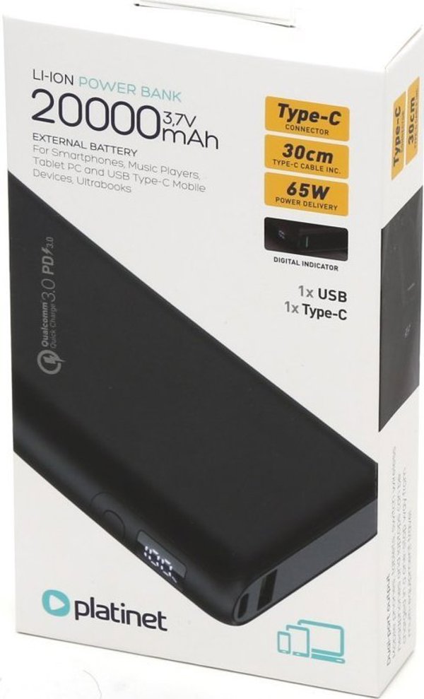 Φορητός φορτιστής Platinet PLATINET POWER BANK 20 000 MAH PD65W QUICK CHARGE ΜΑΥΡΟ [45871]