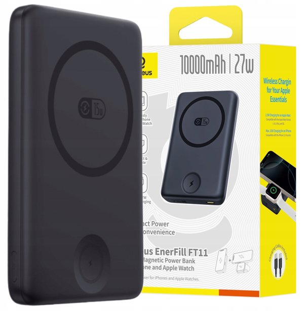 Powerbank Baseus EnerFill FT11 10000mAh 27W συμβατός με MagSafe, για Apple Watch και smartphone με καλώδιο USB-C 20V/3A 30 cm - μαύρο