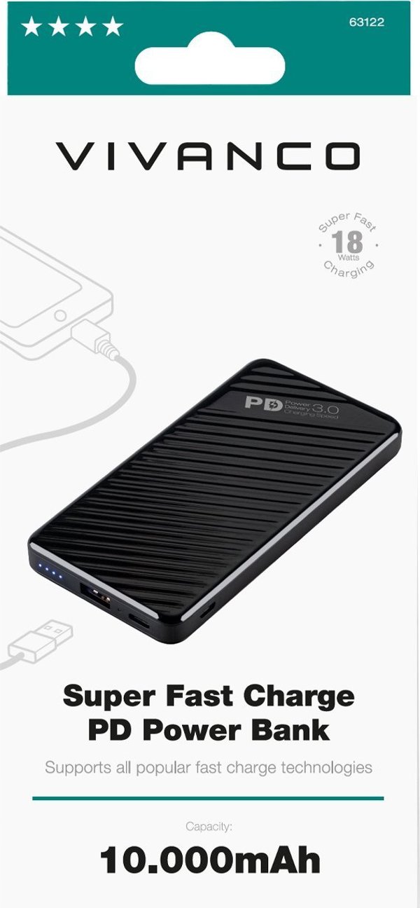 Φορητός φορτιστής Vivanco Vivanco power bank 10000mAh Super Fast PD 18W (63122)