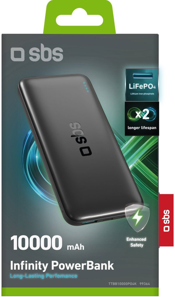 SBS Mobile Powerbank Infinity 10000mAh 10W, Φορητός Φορτιστής με Θύρες USB-A & USB-C - Μαύρο