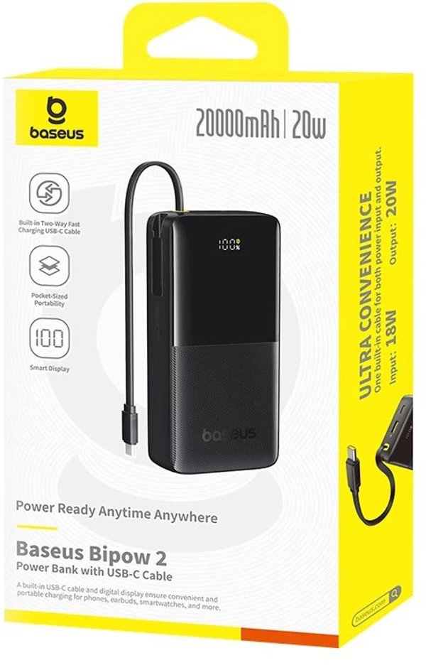 Powerbank Baseus Bipow 2 20000mAh 20W με ψηφιακή οθόνη και ενσωματωμένο καλώδιο USB-C - Μαύρο
