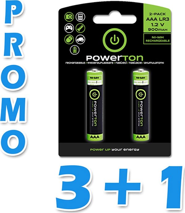 Powerton Επαναφορτιζόμενες μπαταρίες, AAA (HR03), 1.2V, 900 mAh, Powerton, blister, 2-pack, 3+1 δωρεάν σετ προσφοράς, EOL 13988459 8590274867727