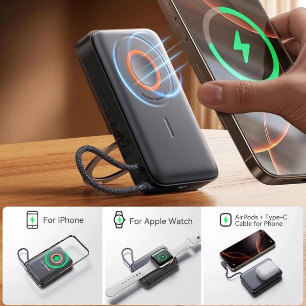Joyroom JR-PBM02 Powerbank 10000mAh 22.5W 3-σε-1 Μαγνητικός Ασύρματος Φορτιστής MagSafe με Ενσωματωμένο Καλώδιο - Μαύρο