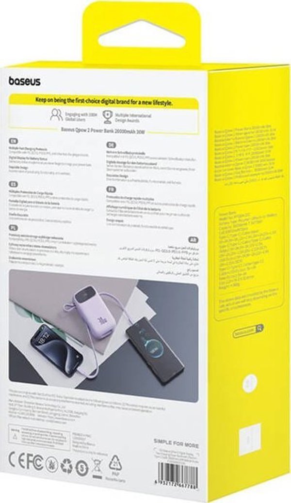 Powerbank Baseus Powerbank QPow 2 20000mAh 30W 2xUSB-C (fioletowy)