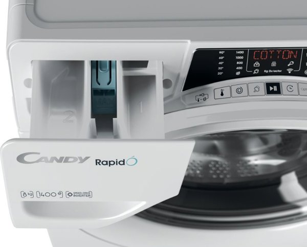 Πλυντήριο Candy Candy | RO 1486DWME/1-S | Πλυντήριο ρούχων | Κατηγορία ενεργειακής απόδοσης A | Μπροστινή φόρτωση | Χωρητικότητα πλύσης 8 κιλά | 1400 RPM | Βάθος 53 cm | Πλάτος 60 cm | Οθόνη | TFT | Λειτουργία ατμού | Wi-Fi | Λευκό