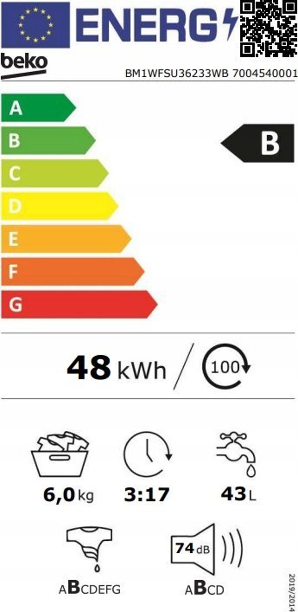 Πλυντήριο Beko BEKO BM1WFSU36233WB, 6 kg, Ενεργειακή κλάση A, 44.6 cm, 1200 rpm, Κινητήρας Inverter, Steam Cure