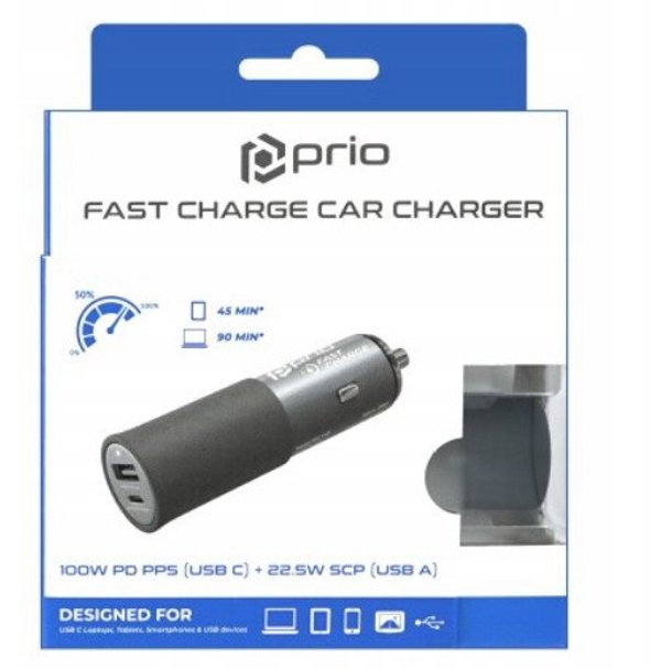 prio Fast Charge Car Charger 100W PD(USB-C)+ 22.5W(USB-A) black PCC-1103 (4251488662495)