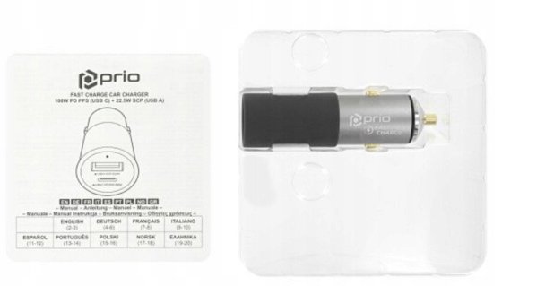 prio Fast Charge Car Charger 100W PD(USB-C)+ 22.5W(USB-A) black PCC-1103 (4251488662495)