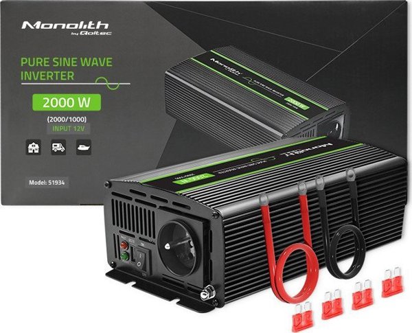 Μετατροπέας QOLTEC Μετατροπέας τάσης Monolith | 1000W | 2000W | 12V σε 230V | Καθαρό Ημίτονο