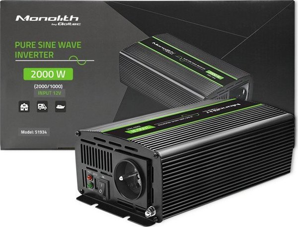 Μετατροπέας QOLTEC Μετατροπέας τάσης Monolith | 1000W | 2000W | 12V σε 230V | Καθαρό Ημίτονο