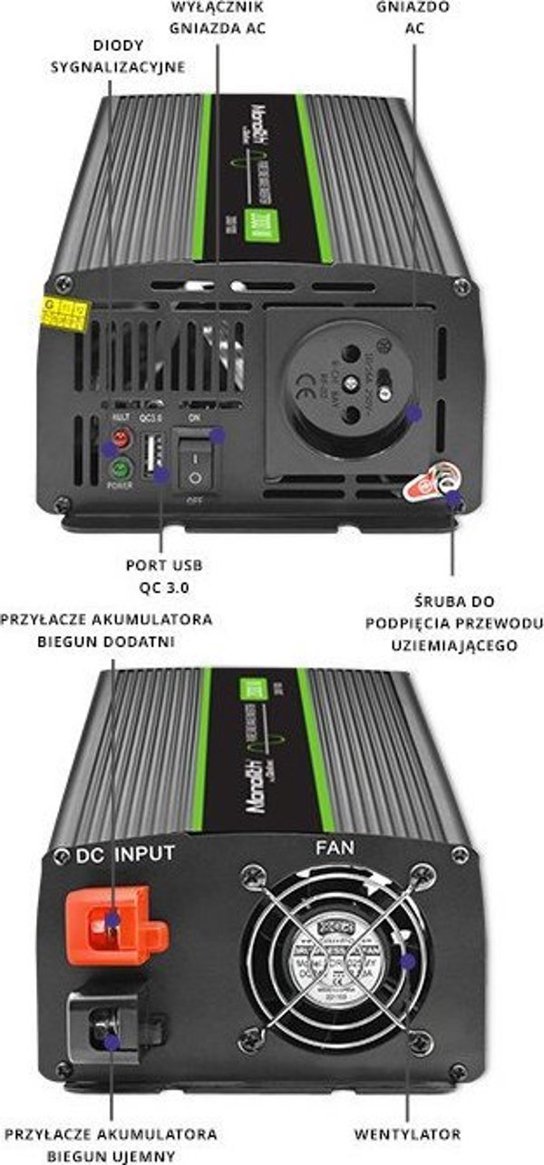 Μετατροπέας QOLTEC Μετατροπέας τάσης Monolith | 1000W | 2000W | 12V σε 230V | Καθαρό Ημίτονο