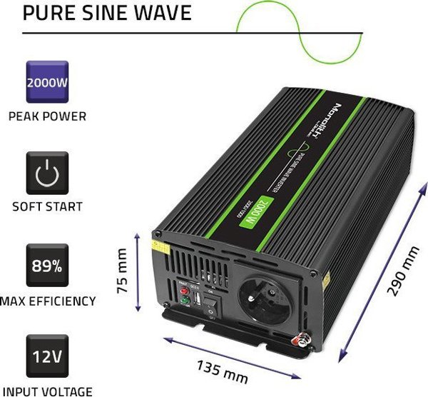 Μετατροπέας QOLTEC Μετατροπέας τάσης Monolith | 1000W | 2000W | 12V σε 230V | Καθαρό Ημίτονο