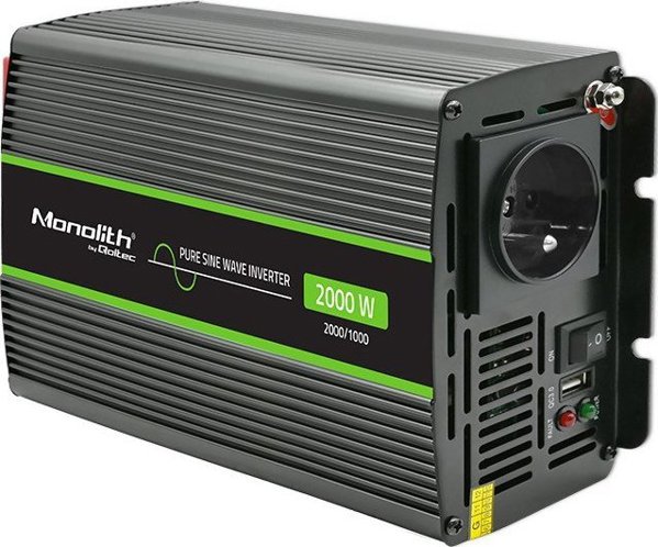 Μετατροπέας QOLTEC Μετατροπέας τάσης Monolith | 1000W | 2000W | 12V σε 230V | Καθαρό Ημίτονο