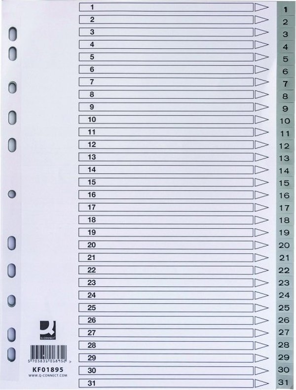 Q-Connect Διαχωριστικά Αρχειοθέτησης A4, 1-31, PP, 225x297mm, 31 Φύλλα, Γκρι