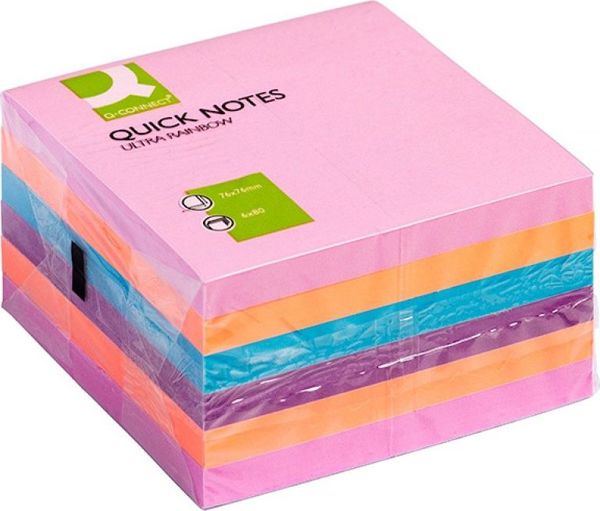 Q-Connect Σετ Αυτοκόλλητες Σημειώσεις, 76x76mm, 6x80 Φύλλα, Μίξη Χρωμάτων