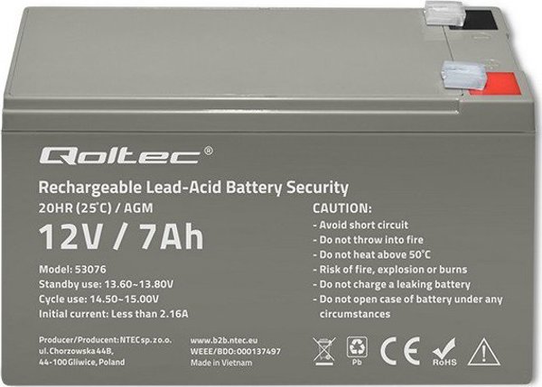 Qoltec Akumulator AGM | 12V | 7Ah | max. 105A | Security