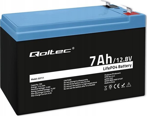 Qoltec Qoltec LiFePO4 Μπαταρία φωσφορικού σιδήρου λιθίου | 12,8V | 7 Αχ | 89,6 Wh | BMS 14117004 5901878537115
