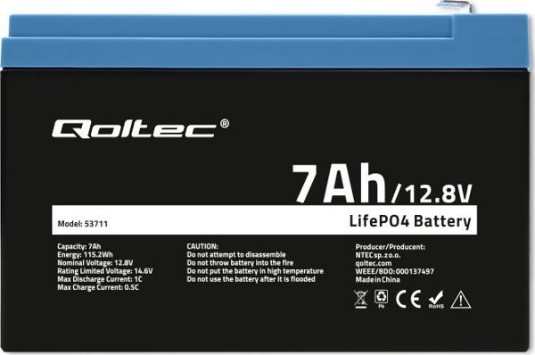 Qoltec Qoltec LiFePO4 Μπαταρία φωσφορικού σιδήρου λιθίου | 12,8V | 7 Αχ | 89,6 Wh | BMS 14117004 5901878537115
