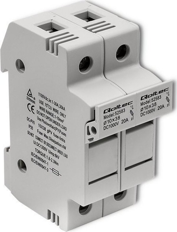 Qoltec Βάση Ασφάλειας για Φωτοβολταϊκά 2P, 1000V, 20A, 10x38mm, με Ασφάλεια DC