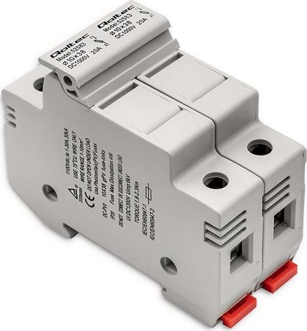 Qoltec Βάση Ασφάλειας για Φωτοβολταϊκά 2P, 1000V, 20A, 10x38mm, με Ασφάλεια DC