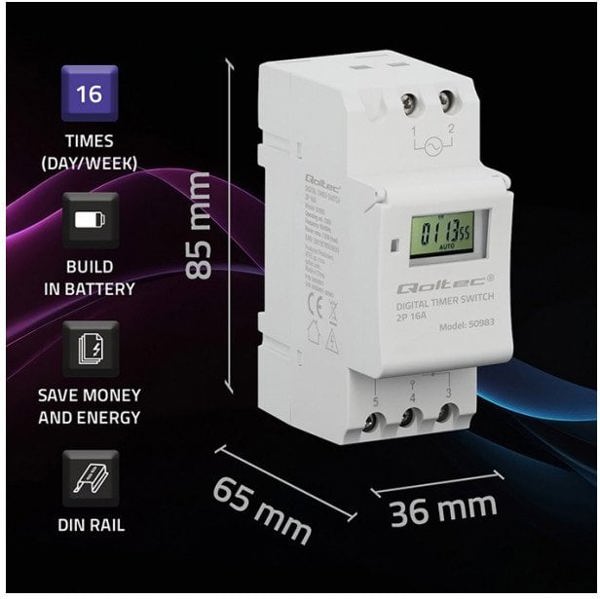 qoltec Ηλεκτρονικός χρονοδιακόπτης TIMER για ράγα DIN με ενσωματωμένη μπαταρία | πρόγραμμα 7 ημερών | 16 προγράμματα