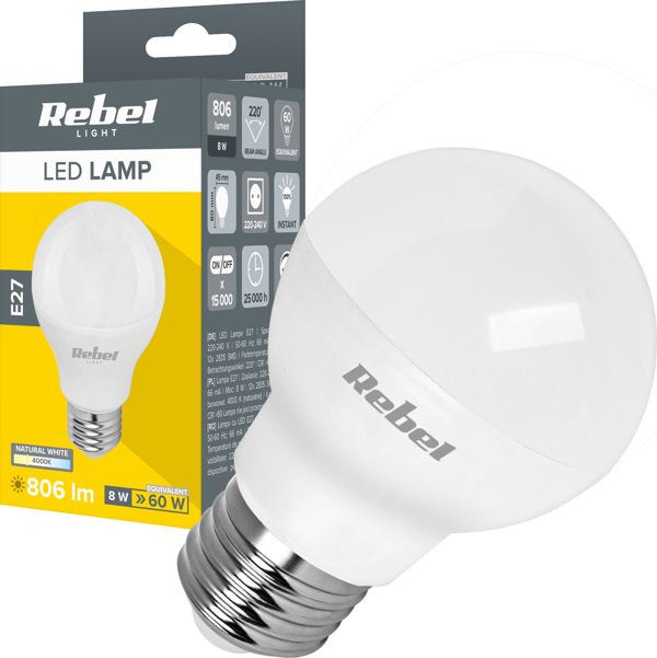 Rebel Lampa LED Rebel G45 8W, E27, 4000K, 230V