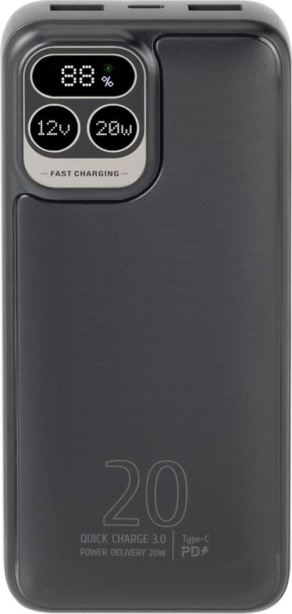 RivaCase POWERBANK 20.000 MAH USB-C 20W LCD, 1X ΕΙΣΟΔΟΣ/ΕΞΟΔΟΣ USB-C PD 20W, 2X USB-A QC 3.0 18W, ΜΑΥΡΟ