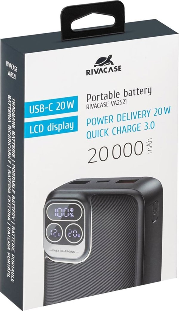 RivaCase POWERBANK 20.000 MAH USB-C 20W LCD, 1X ΕΙΣΟΔΟΣ/ΕΞΟΔΟΣ USB-C PD 20W, 2X USB-A QC 3.0 18W, ΜΑΥΡΟ