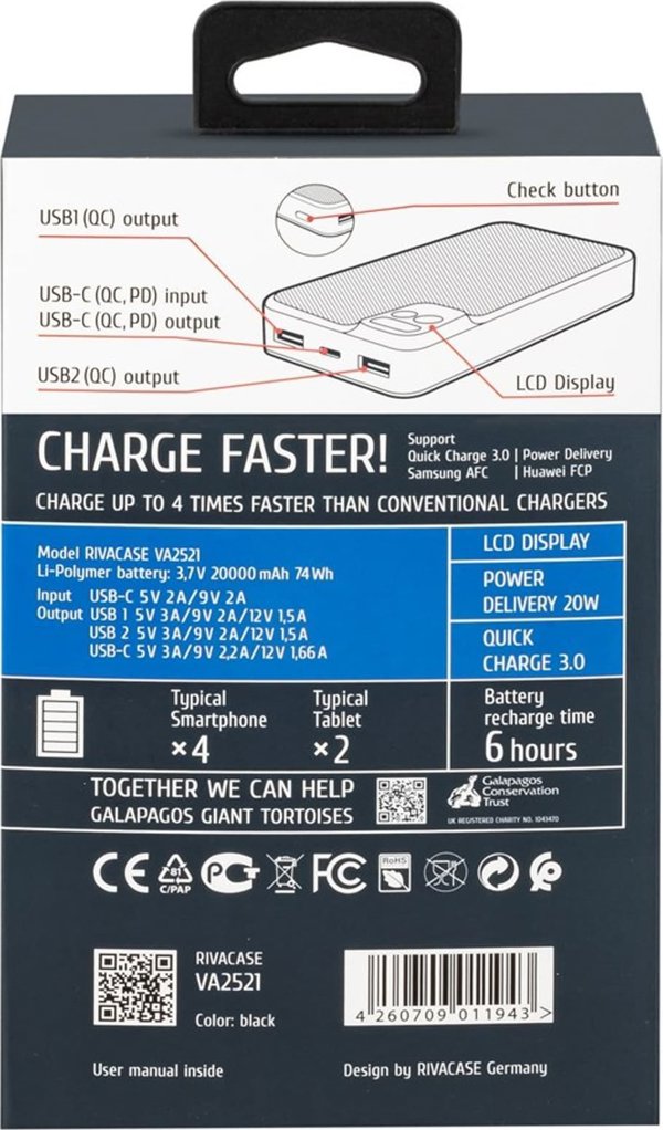 RivaCase POWERBANK 20.000 MAH USB-C 20W LCD, 1X ΕΙΣΟΔΟΣ/ΕΞΟΔΟΣ USB-C PD 20W, 2X USB-A QC 3.0 18W, ΜΑΥΡΟ