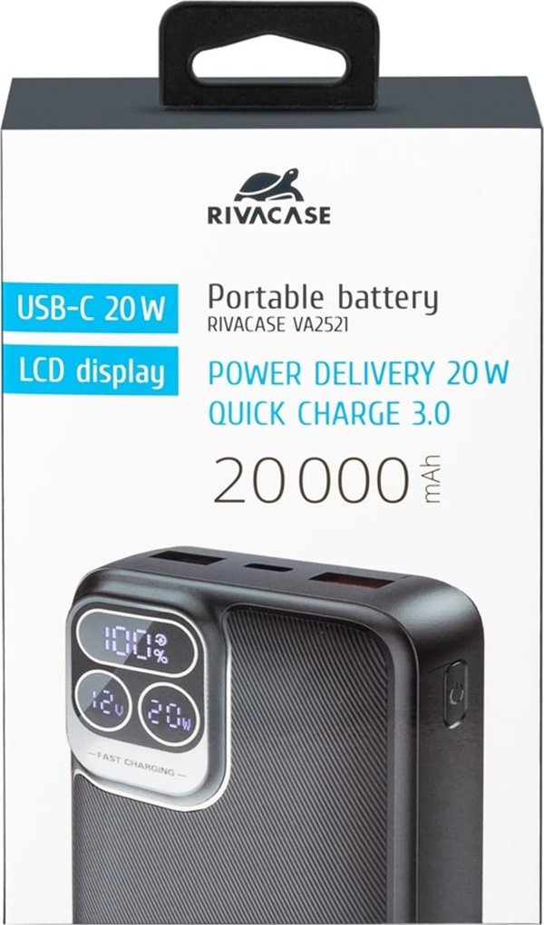 RivaCase POWERBANK 20.000 MAH USB-C 20W LCD, 1X ΕΙΣΟΔΟΣ/ΕΞΟΔΟΣ USB-C PD 20W, 2X USB-A QC 3.0 18W, ΜΑΥΡΟ
