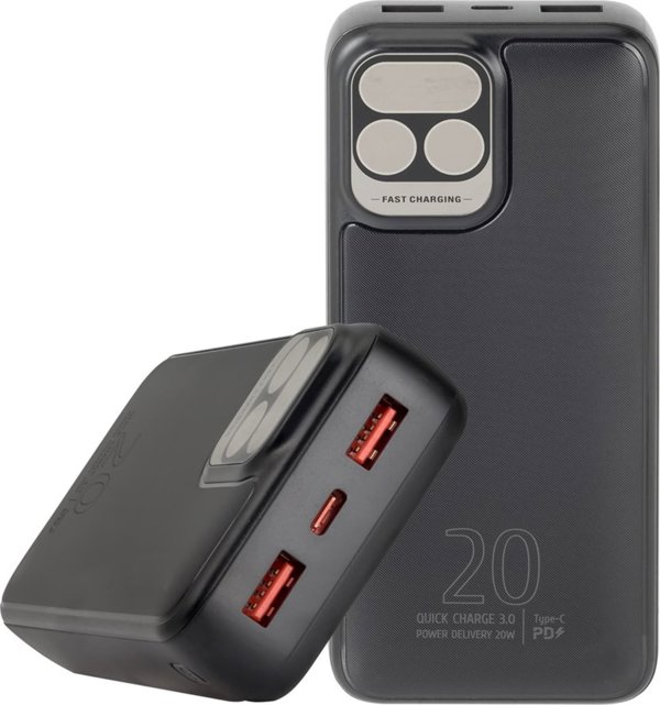 RivaCase POWERBANK 20.000 MAH USB-C 20W LCD, 1X ΕΙΣΟΔΟΣ/ΕΞΟΔΟΣ USB-C PD 20W, 2X USB-A QC 3.0 18W, ΜΑΥΡΟ