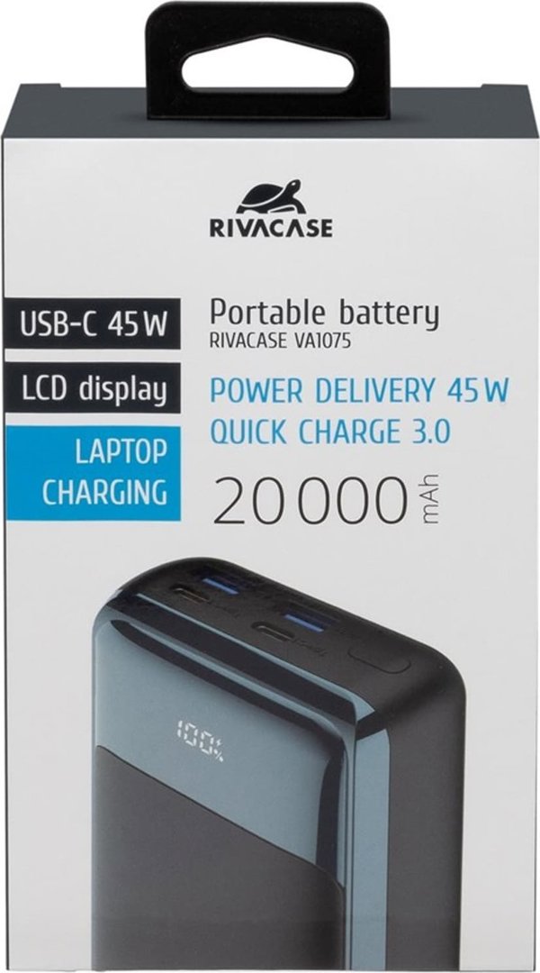RivaCase POWERBANK ΓΙΑ LAPTOP, TABLET, SMARTF. 20.000 MAH USB-C 45W, 2X ΕΙΣ/ΕΞ USB-C PD 45W, 2X USB-A QC 3.0 18W, LCD, ΜΑΥΡΟ