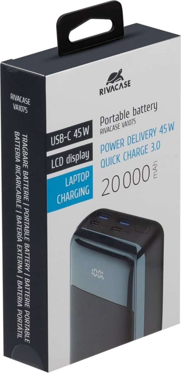 RivaCase POWERBANK ΓΙΑ LAPTOP, TABLET, SMARTF. 20.000 MAH USB-C 45W, 2X ΕΙΣ/ΕΞ USB-C PD 45W, 2X USB-A QC 3.0 18W, LCD, ΜΑΥΡΟ