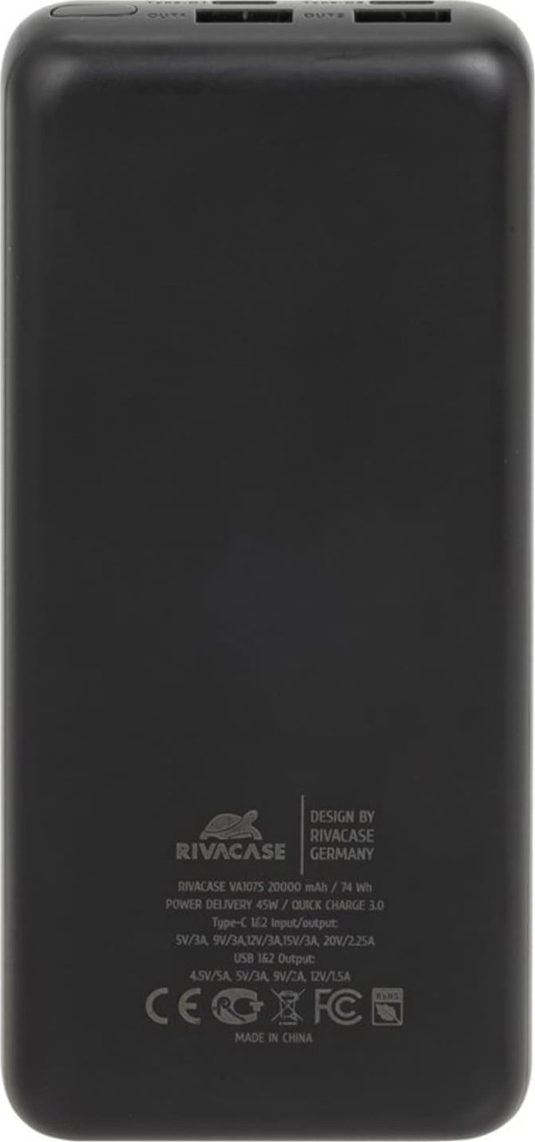 RivaCase POWERBANK ΓΙΑ LAPTOP, TABLET, SMARTF. 20.000 MAH USB-C 45W, 2X ΕΙΣ/ΕΞ USB-C PD 45W, 2X USB-A QC 3.0 18W, LCD, ΜΑΥΡΟ