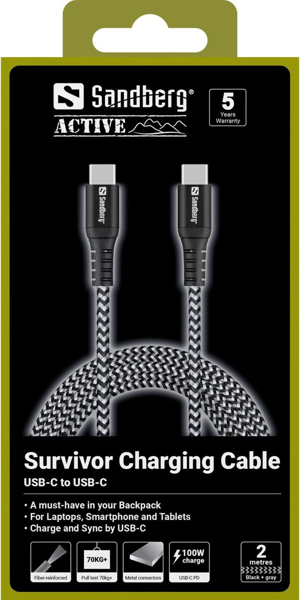 Sandberg 441-67 καλώδιο USB USB 2.0 2 μ. USB C Μαύρο, Λευκό