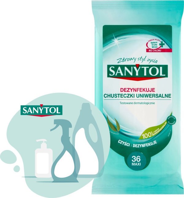 SANYTOL Καθολικά μαντηλάκια SANYTOL Ευκάλυπτος καθαρίζουν και απολυμαίνουν 36 τεμ