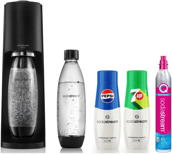 Saturator Sodastream Terra + 2 butelki + gaz Czarny + syrop Pepsi, 7Up