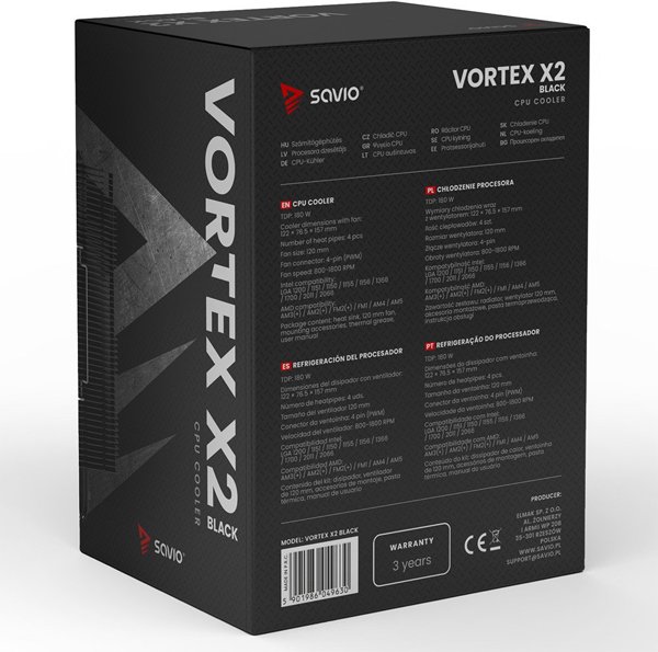 Savio Vortex X2 Ψύκτρα Επεξεργαστή CPU, Αερόψυξη, Μαύρο Χρώμα