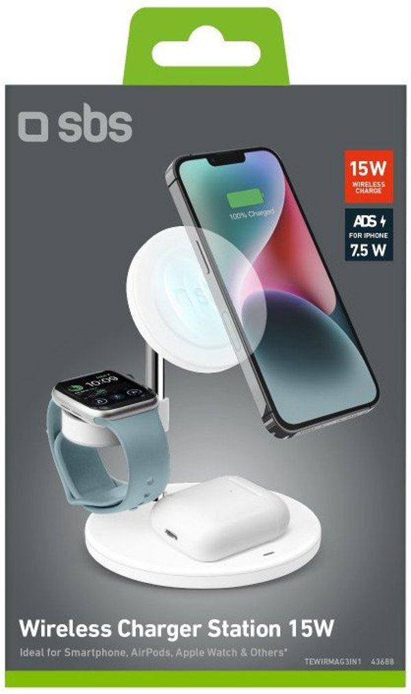 SBS TEWIRMAG3IN1, Εσωτερικός, USB, Ασύρματη φόρτιση, Λευκό