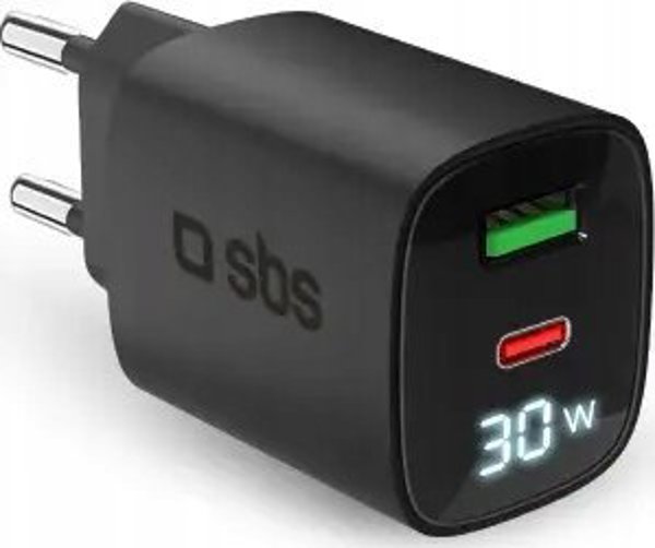 Φορτιστής Ταξιδιού SBS PD 30W USB-C/18W USB LCD GaN μαύρο