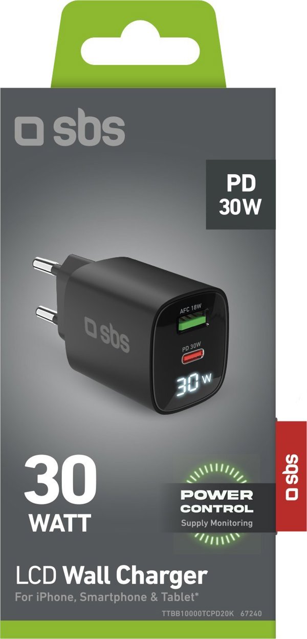 Φορτιστής Ταξιδιού SBS PD 30W USB-C/18W USB LCD GaN μαύρο