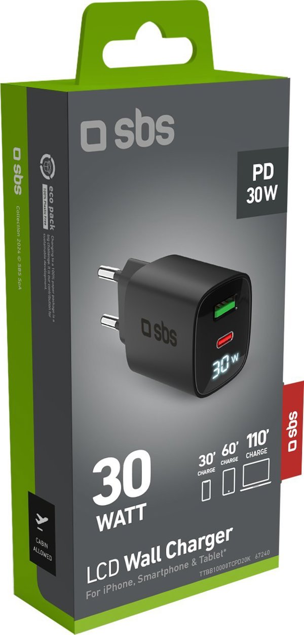 Φορτιστής Ταξιδιού SBS PD 30W USB-C/18W USB LCD GaN μαύρο