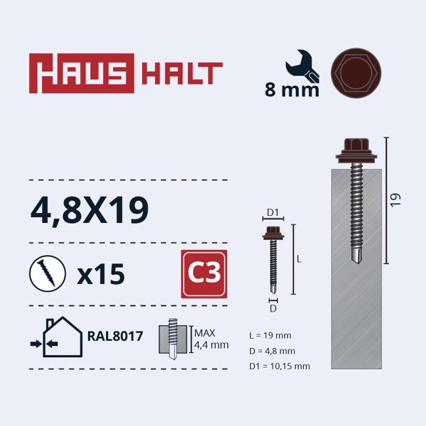 ΒΙΔΑ ΑΥΤΟΔΙΑΤΡΗΤΗ 4,8X19 ΜΕΤ+EPDM RAL8017 15ΤΕΜ