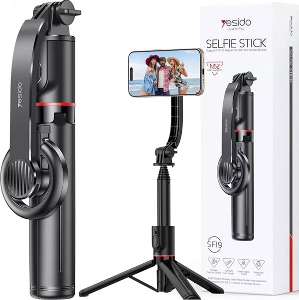 Selfie stick Yesido Selfie stick κοντάρι τρίποδο στήριγμα μαγνητικό για τηλέφωνο φωτογραφίες + Bluetooth τηλεχειριστήριο Yesido SF19 Magnetic μαύρο