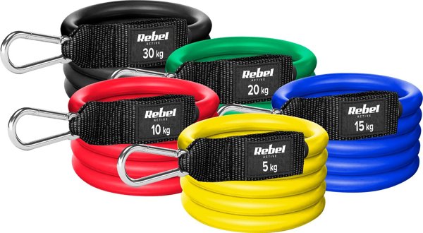 Σετ ελαστικών αντιστάσεων για ασκήσεις - Power Tube Set, 5-30 kg, 5 ελαστικά, REBEL ACTIVE