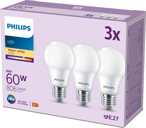 Signify Philips LED κλασική λάμπα 60W E27 θερμό λευκό 806lm ματ 3 τεμ